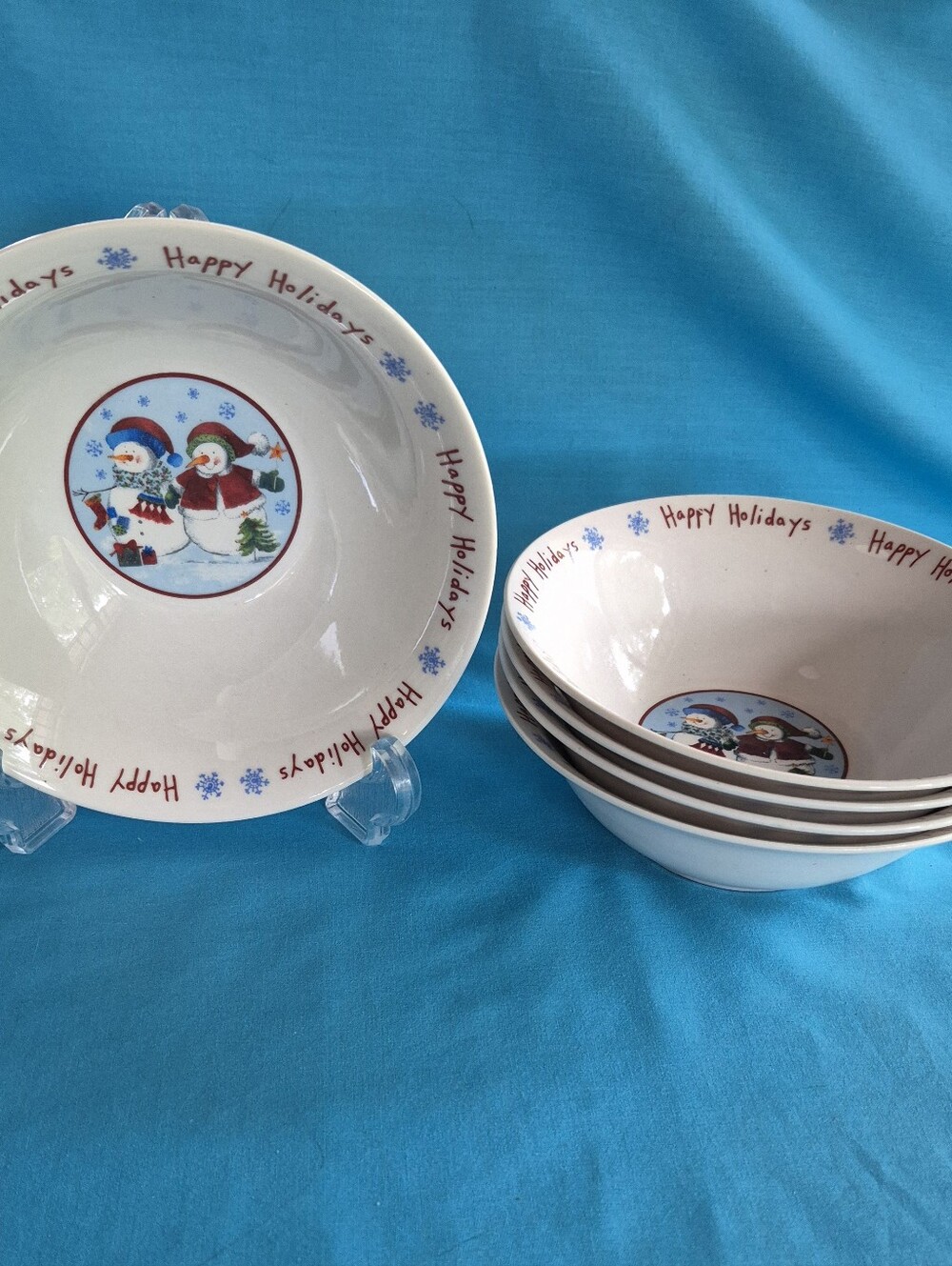 Snowman Happy Holidays Cereal Bowls Set of 5 Christmas Soup Kitchen New